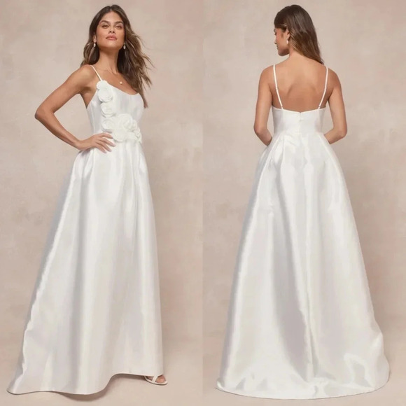 Lulu's Dreamy Forever White Taffeta Rosette Maxi Dress with Pockets S Wedding - Picture 1 of 12